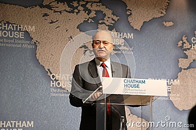 Barham Salih, President of Iraq, gives a speech on his countryâ€™s role in the Middle East, at Editorial Stock Photo